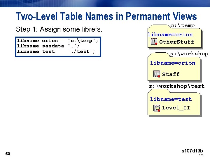 Two-Level Table Names in Permanent Views Step 1: Assign some librefs. libname orion 'c: Two-Level Table Names in Permanent Views Step 1: Assign some librefs. libname orion 'c: