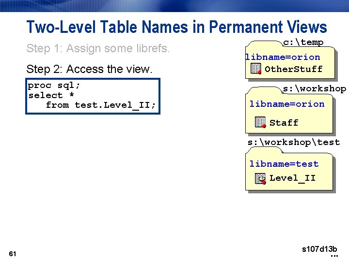 Two-Level Table Names in Permanent Views Step 1: Assign some librefs. Step 2: Access Two-Level Table Names in Permanent Views Step 1: Assign some librefs. Step 2: Access