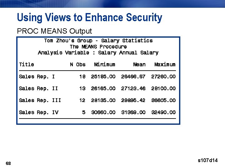 Using Views to Enhance Security PROC MEANS Output Tom Zhou's Group - Salary Statistics Using Views to Enhance Security PROC MEANS Output Tom Zhou's Group - Salary Statistics