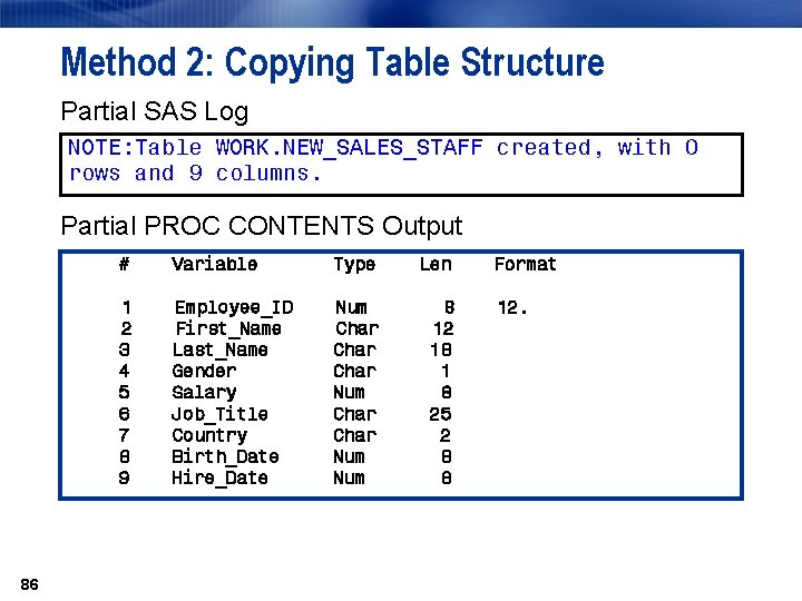 Method 2: Copying Table Structure Partial SAS Log NOTE: Table WORK. NEW_SALES_STAFF created, with Method 2: Copying Table Structure Partial SAS Log NOTE: Table WORK. NEW_SALES_STAFF created, with