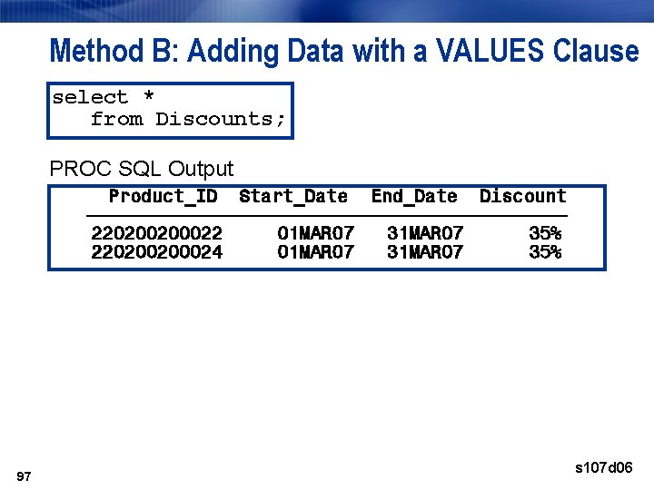 Method B: Adding Data with a VALUES Clause select * from Discounts; PROC SQL Method B: Adding Data with a VALUES Clause select * from Discounts; PROC SQL