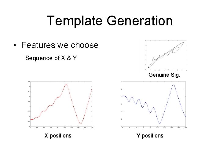 Template Generation • Features we choose Sequence of X & Y Genuine Sig. X