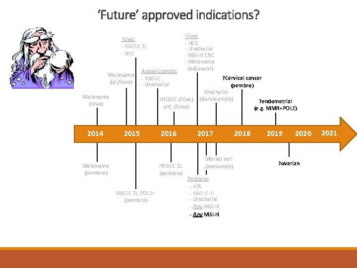 ‘Future’ approved indications? Nivo: - NSCLC 2 L - RCC Melanoma (ipi/nivo) Atezolizumab: -