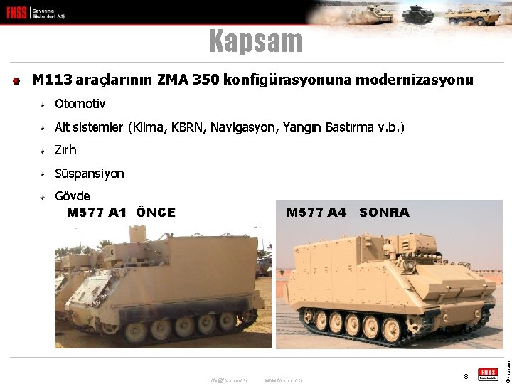 Kapsam M 113 araçlarının ZMA 350 konfigürasyonuna modernizasyonu Otomotiv Alt sistemler (Klima, KBRN, Navigasyon,