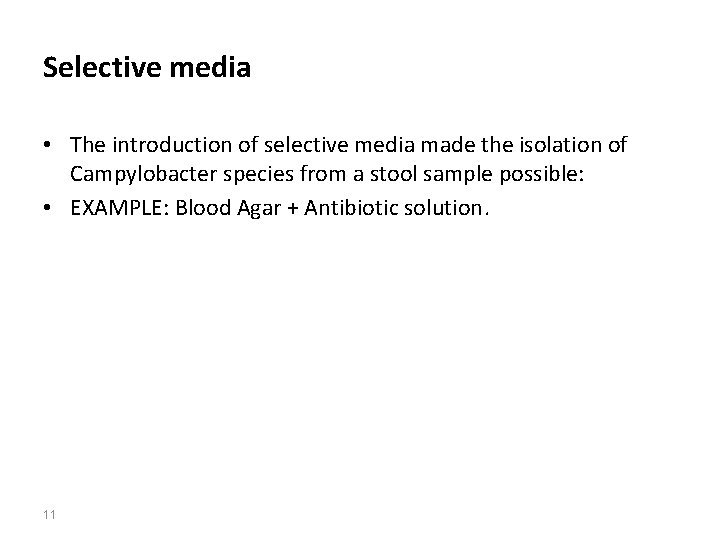Selective media • The introduction of selective media made the isolation of Campylobacter species
