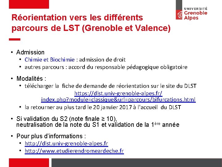 Réorientation vers les différents parcours de LST (Grenoble et Valence) • Admission • Chimie
