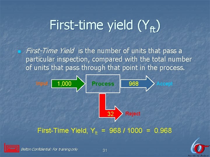 First-time yield (Yft) n First-Time Yield is the number of units that pass a