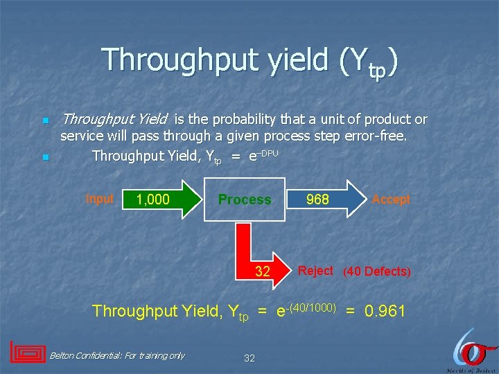 Throughput yield (Ytp) n n Throughput Yield is the probability that a unit of