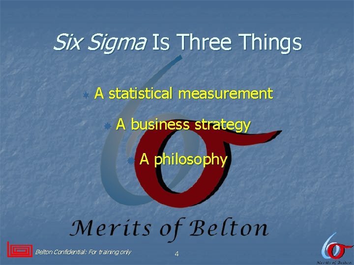 Six Sigma Is Three Things ¬ A statistical measurement A business strategy ® Belton