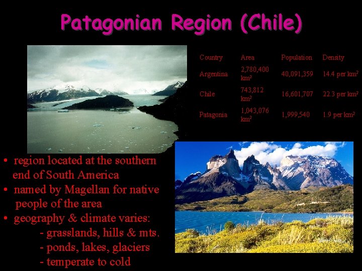 Patagonian Region (Chile) • region located at the southern end of South America •