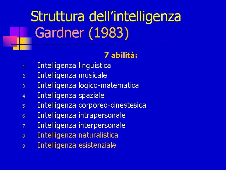 Struttura dell’intelligenza Gardner (1983) 1. 2. 3. 4. 5. 6. 7. 8. 9. Intelligenza
