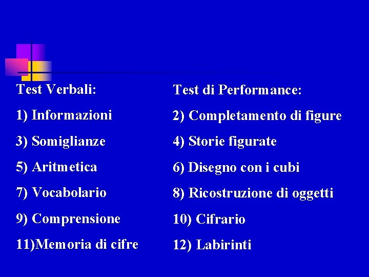 Test Verbali: Test di Performance: 1) Informazioni 2) Completamento di figure 3) Somiglianze 4)
