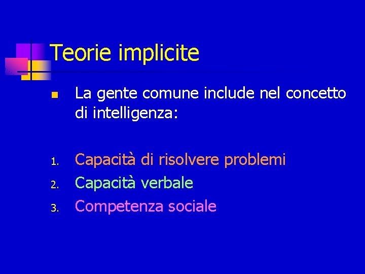 Teorie implicite n 1. 2. 3. La gente comune include nel concetto di intelligenza: