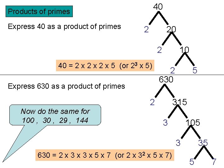 40 Products of primes Express 40 as a product of primes 2 20 2