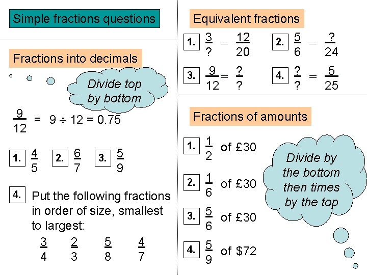 Simple fractions questions Equivalent fractions 1. 3 = 12 ? 20 2. 5 =