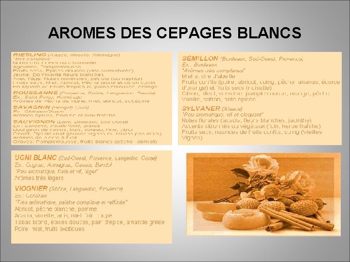 AROMES DES CEPAGES BLANCS 