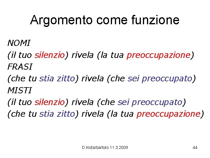 Argomento come funzione NOMI (il tuo silenzio) rivela (la tua preoccupazione) FRASI (che tu