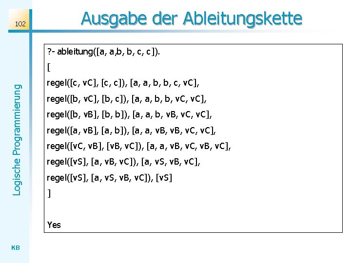 Ausgabe der Ableitungskette 102 ? - ableitung([a, a, b, b, c, c]). Logische Programmierung