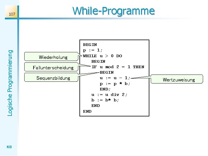 While-Programme Logische Programmierung 107 KB Wiederholung Fallunterscheidung Sequenzbildung BEGIN p : = 1; WHILE