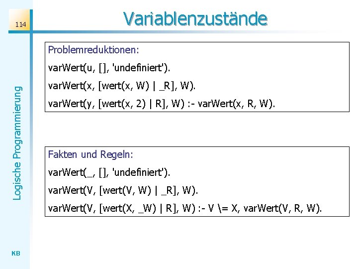 114 Variablenzustände Problemreduktionen: Logische Programmierung var. Wert(u, [], 'undefiniert'). var. Wert(x, [wert(x, W) |