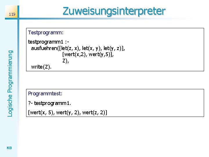 Zuweisungsinterpreter 119 Logische Programmierung Testprogramm: KB testprogramm 1 : ausfuehren([let(z, x), let(x, y), let(y,