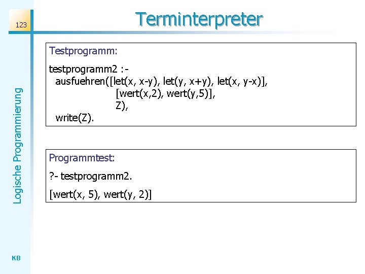 Terminterpreter 123 Logische Programmierung Testprogramm: KB testprogramm 2 : ausfuehren([let(x, x-y), let(y, x+y), let(x,