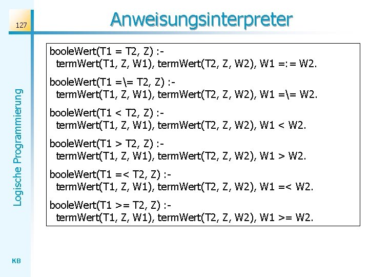 127 Anweisungsinterpreter Logische Programmierung boole. Wert(T 1 = T 2, Z) : term. Wert(T