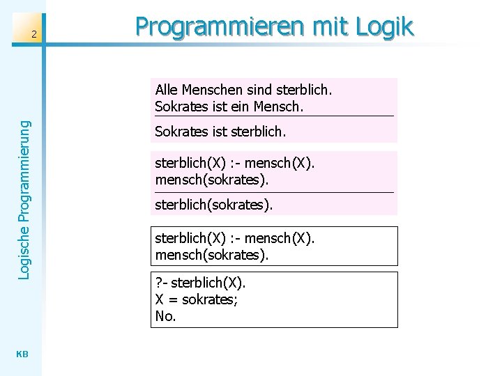 2 Programmieren mit Logik Logische Programmierung Alle Menschen sind sterblich. Sokrates ist ein Mensch.