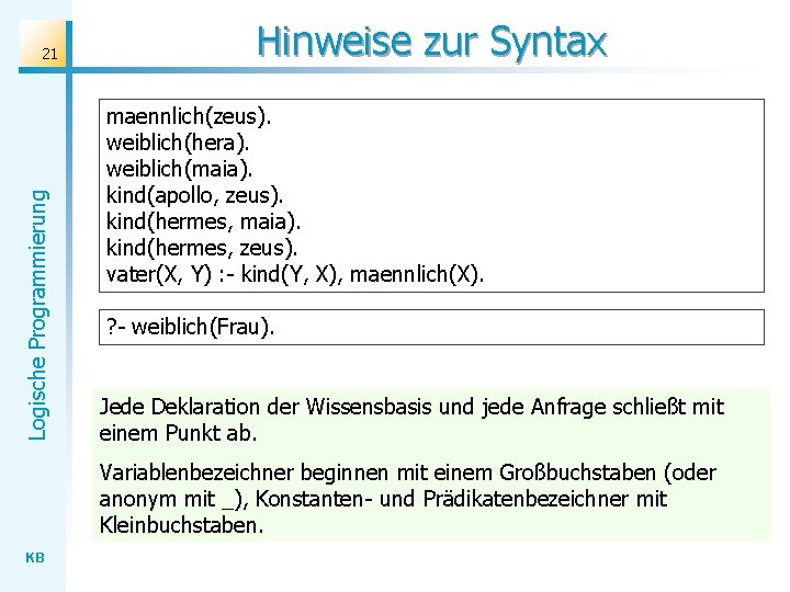 Logische Programmierung 21 Hinweise zur Syntax maennlich(zeus). weiblich(hera). weiblich(maia). kind(apollo, zeus). kind(hermes, maia). kind(hermes,
