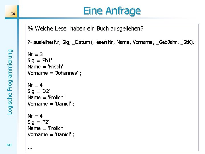Eine Anfrage 54 % Welche Leser haben ein Buch ausgeliehen? Logische Programmierung ? -