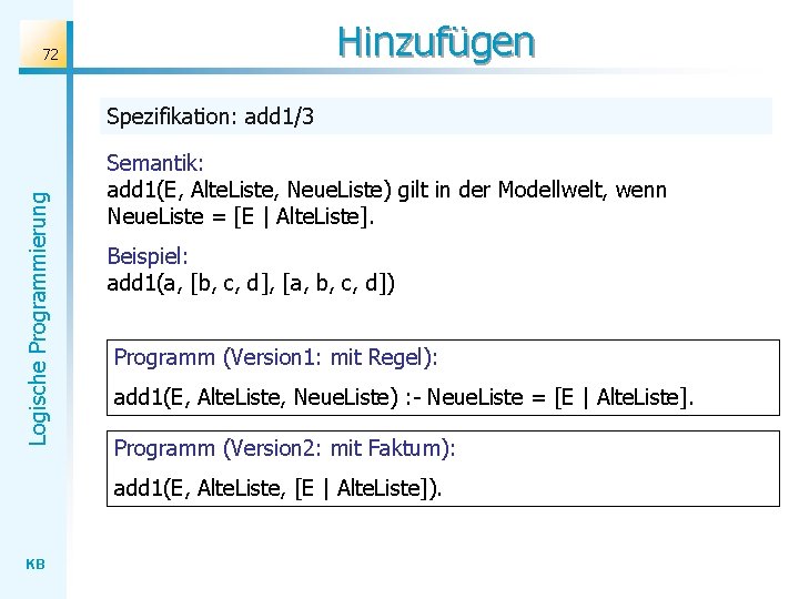 Hinzufügen 72 Logische Programmierung Spezifikation: add 1/3 Semantik: add 1(E, Alte. Liste, Neue. Liste)