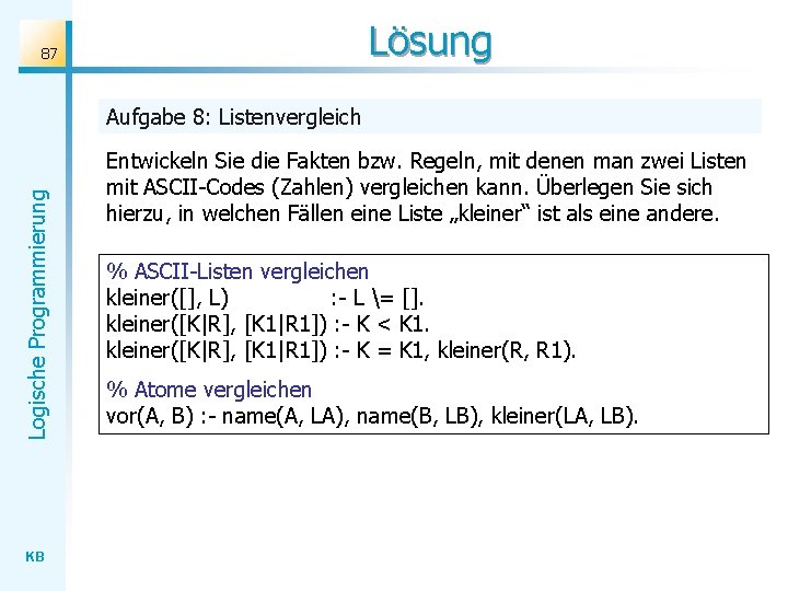Lösung 87 Logische Programmierung Aufgabe 8: Listenvergleich KB Entwickeln Sie die Fakten bzw. Regeln,