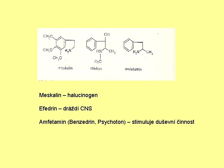 Meskalin – halucinogen Efedrin – dráždí CNS Amfetamin (Benzedrin, Psychoton) – stimuluje duševní činnost