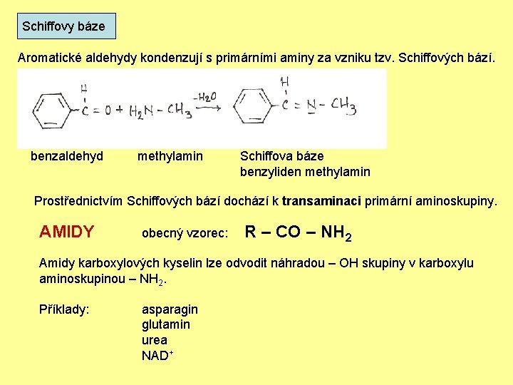 Schiffovy báze Aromatické aldehydy kondenzují s primárními aminy za vzniku tzv. Schiffových bází. benzaldehyd
