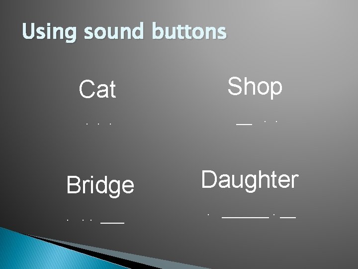 Using sound buttons Cat Shop . . . __. . Bridge. . . ___