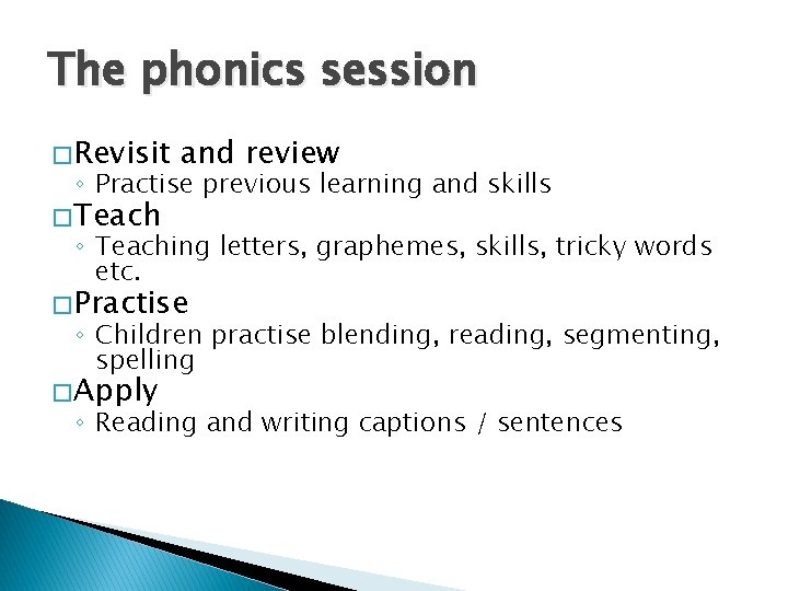 The phonics session � Revisit and review ◦ Practise previous learning and skills �
