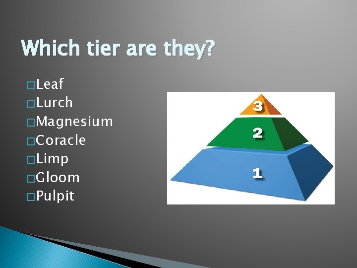 Which tier are they? � Leaf � Lurch � Magnesium � Coracle � Limp