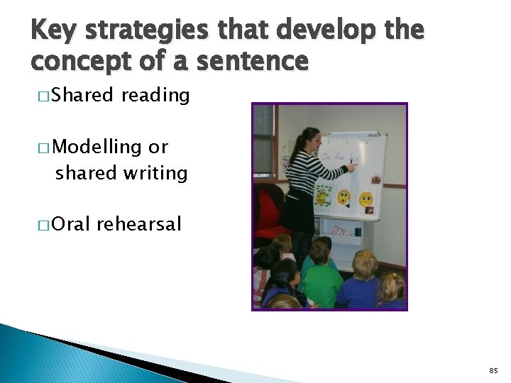 Key strategies that develop the concept of a sentence � Shared reading � Modelling
