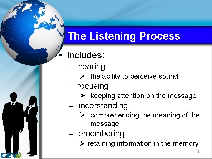 The Listening Process • Includes: – hearing Ø the ability to perceive sound –