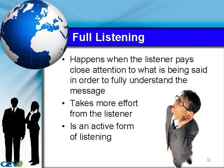 Full Listening • Happens when the listener pays close attention to what is being