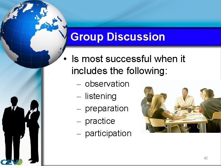 Group Discussion • Is most successful when it includes the following: – – –