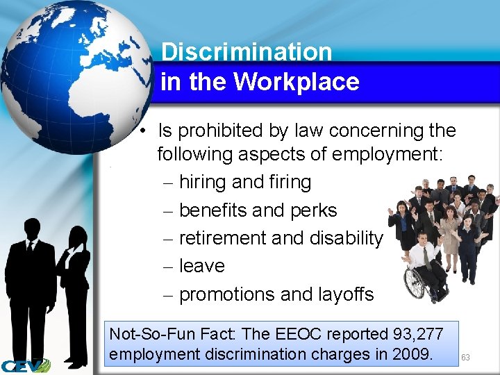 Discrimination in the Workplace • Is prohibited by law concerning the following aspects of