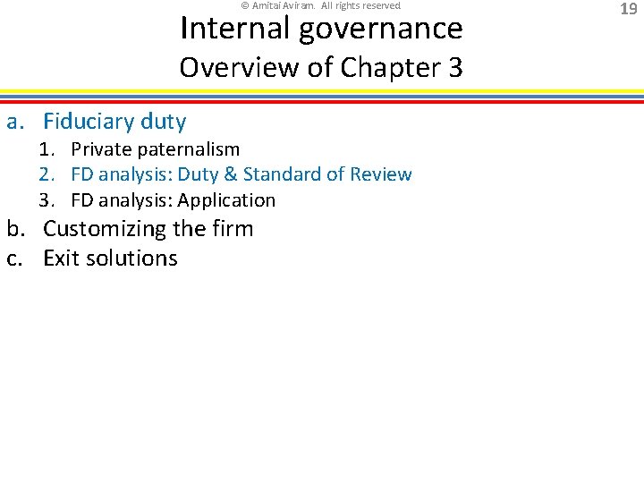 © Amitai Aviram. All rights reserved. Internal governance Overview of Chapter 3 a. Fiduciary