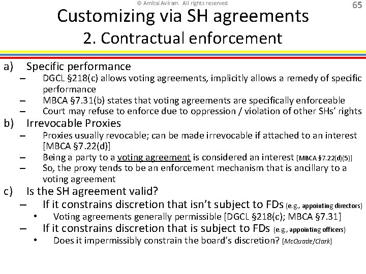 © Amitai Aviram. All rights reserved. Customizing via SH agreements 65 2. Contractual enforcement