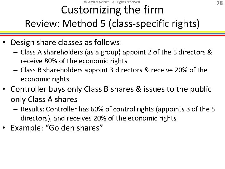 © Amitai Aviram. All rights reserved. Customizing the firm Review: Method 5 (class-specific rights)