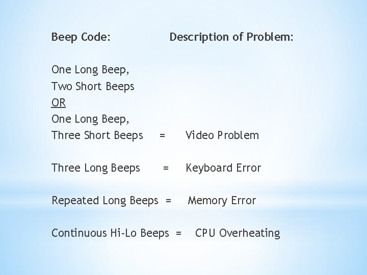 Beep Code: One Long Beep, Two Short Beeps OR One Long Beep, Three Short