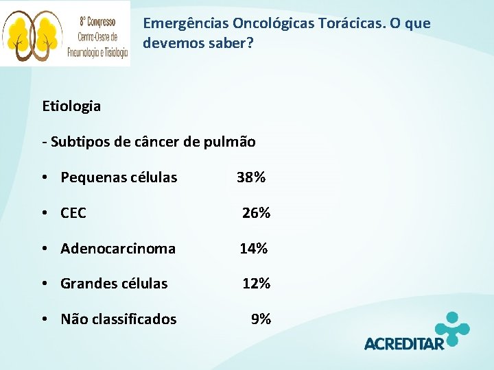 Emergências Oncológicas Torácicas. O que devemos saber? Etiologia - Subtipos de câncer de pulmão