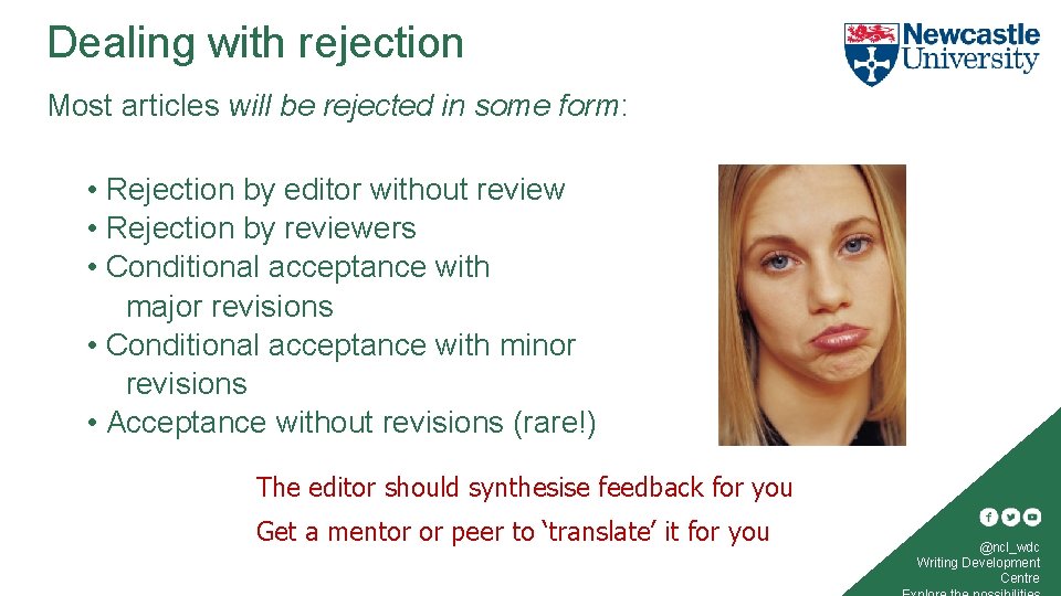 Dealing with rejection Most articles will be rejected in some form: • Rejection by