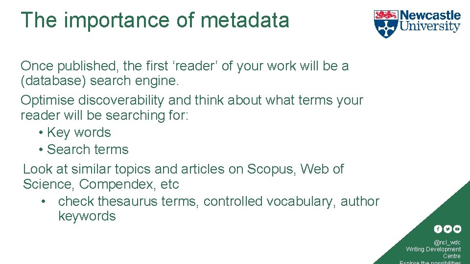 The importance of metadata Once published, the first ‘reader’ of your work will be