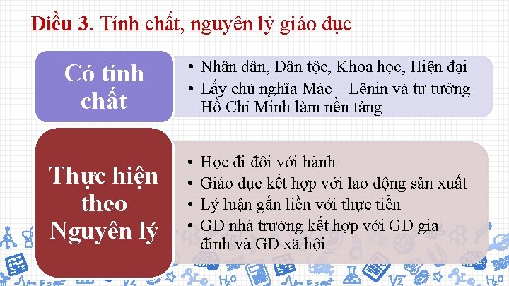 Điều 3. Tính chất, nguyên lý giáo dục Có tính chất Thực hiện theo